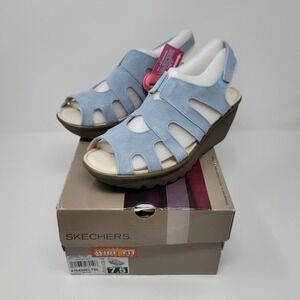Skechers Suede Peep-toe Slingback Wedge Sandals Stylin' Light Blue Women Sz 7.5W